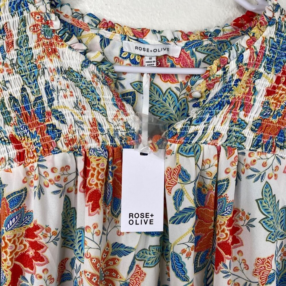 Rose & Olive Top Women's Short Sleeves Ruffles Smocked Floral Mulitcolor 1X NWT - Picture 4 of 11